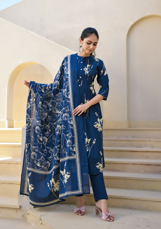 Women wearing cotton navy blue A-line kurta set with dupatta