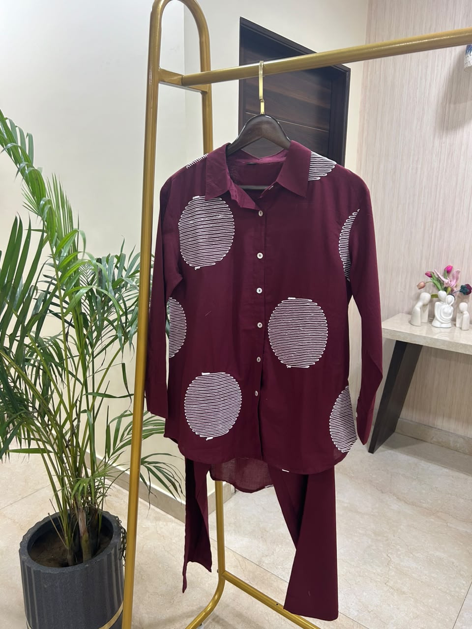Women's pure cotton co-ord set featuring oversized dot motif detailing, button-front shirt and relaxed fit pants by Fabculture