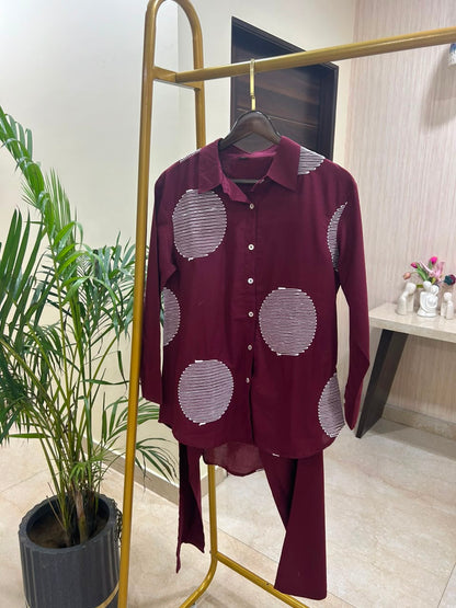 Women's pure cotton co-ord set featuring oversized dot motif detailing, button-front shirt and relaxed fit pants by Fabculture
