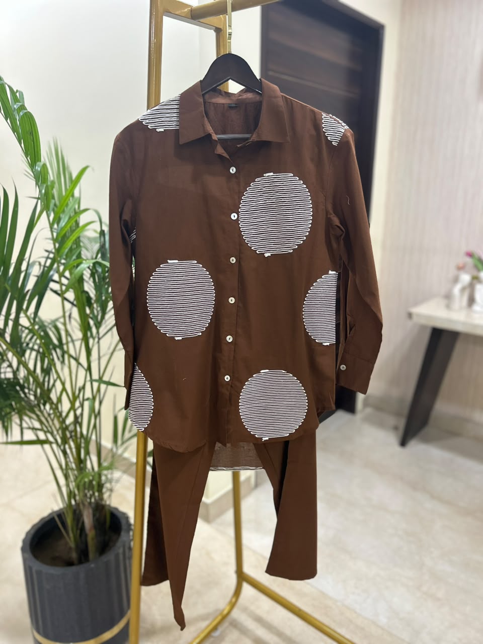 Women's pure cotton co-ord set featuring oversized dot motif detailing, button-front shirt and relaxed fit pants by Fabculture