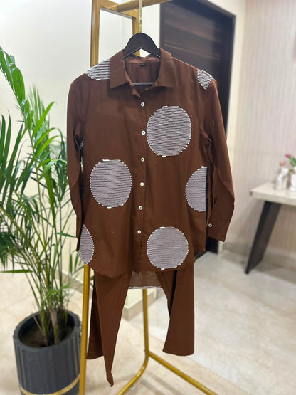 Women's pure cotton co-ord set featuring oversized dot motif detailing, button-front shirt and relaxed fit pants by Fabculture