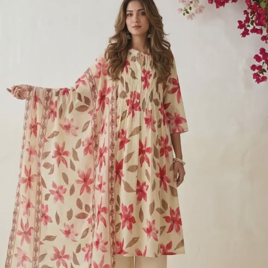 Women's floral cotton A-line kurta set with pintuck embroidery, cotton pants and Kota Doriya dupatta by Fabculture