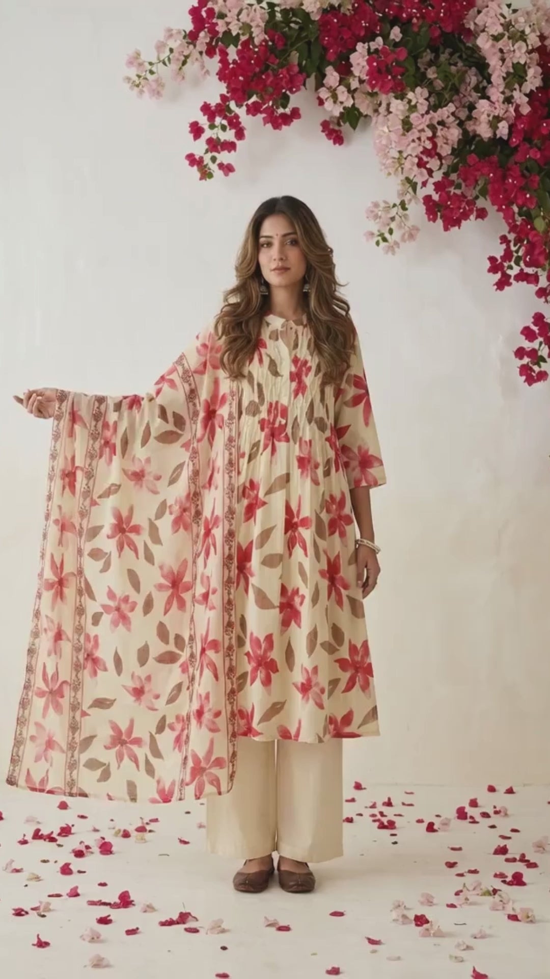 Women's floral cotton A-line kurta set with pintuck embroidery, cotton pants and Kota Doriya dupatta by Fabculture