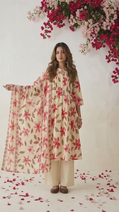 Women's floral cotton A-line kurta set with pintuck embroidery, cotton pants and Kota Doriya dupatta by Fabculture
