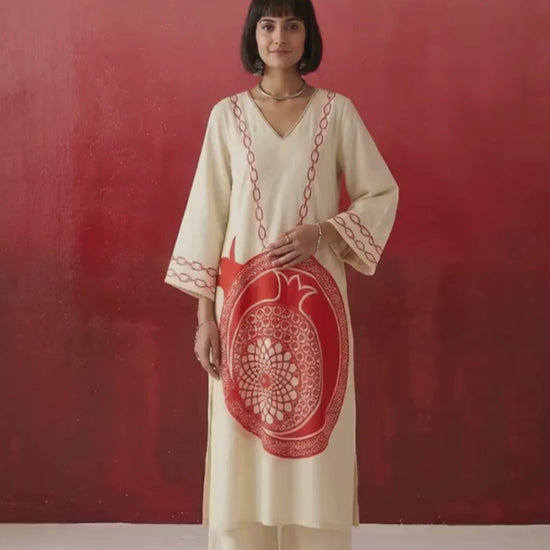 Premium pure cotton kurta set for women with artistic pomegranate motif and comfortable silhouette