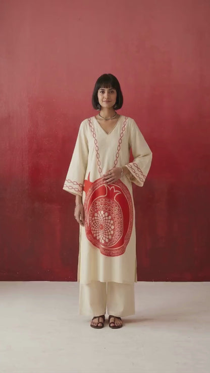 Premium pure cotton kurta set for women with artistic pomegranate motif and comfortable silhouette