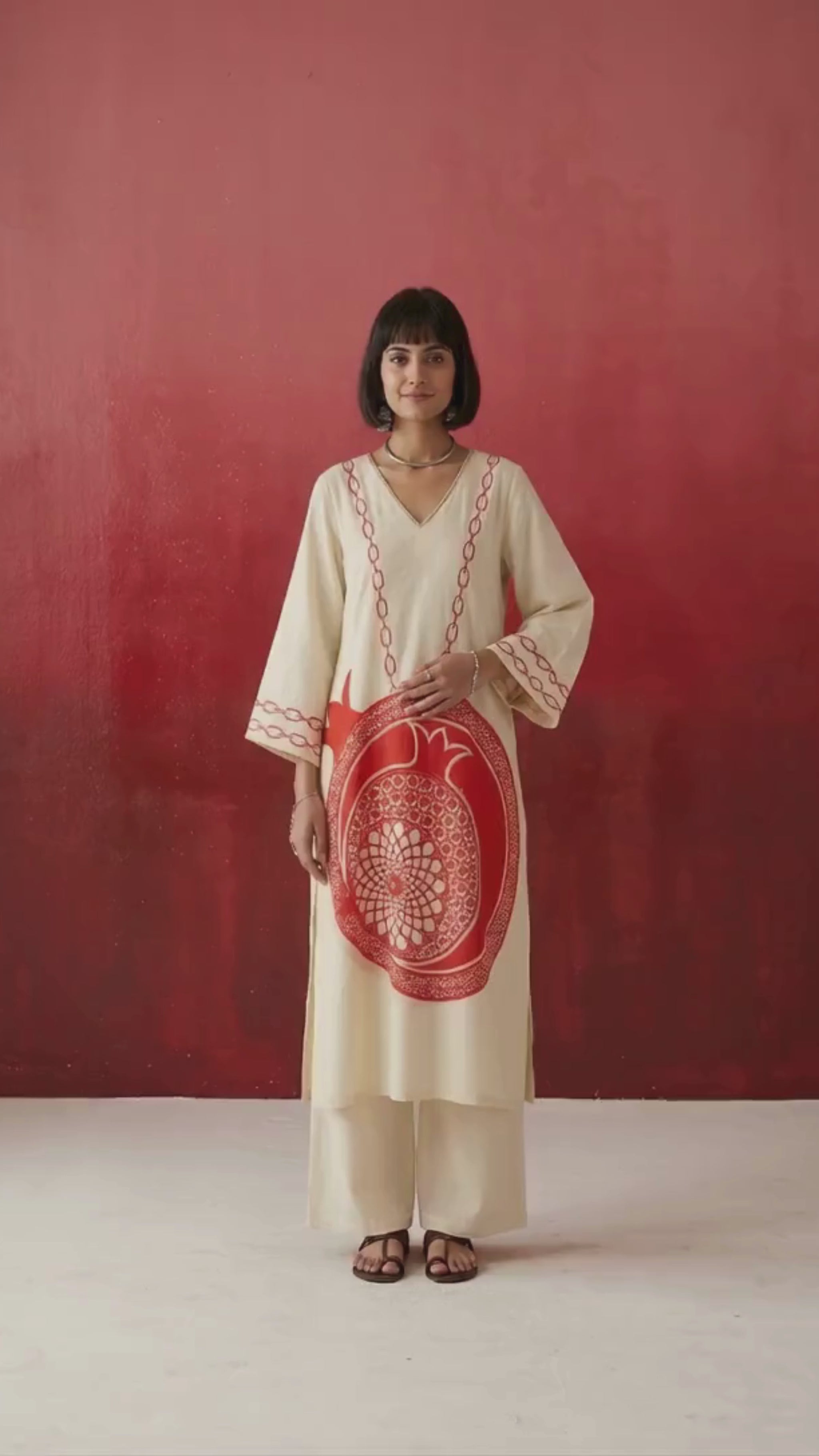Premium pure cotton kurta set for women with artistic pomegranate motif and comfortable silhouette