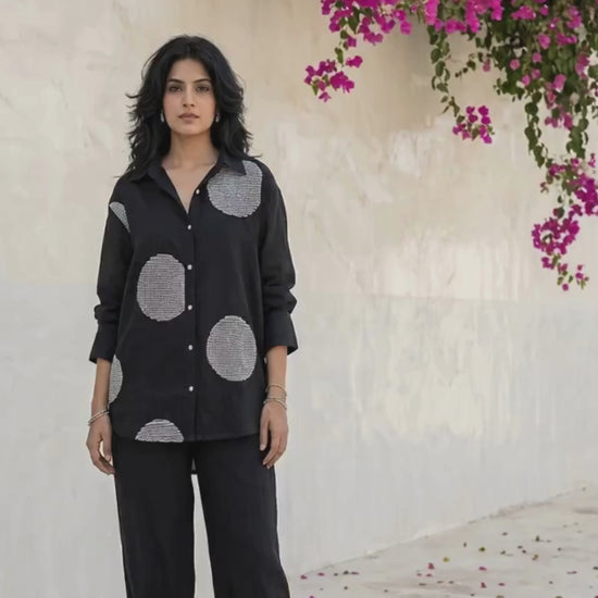 Women's pure cotton co-ord set featuring oversized motif detailing, button-front shirt and relaxed fit pants by Fabculture