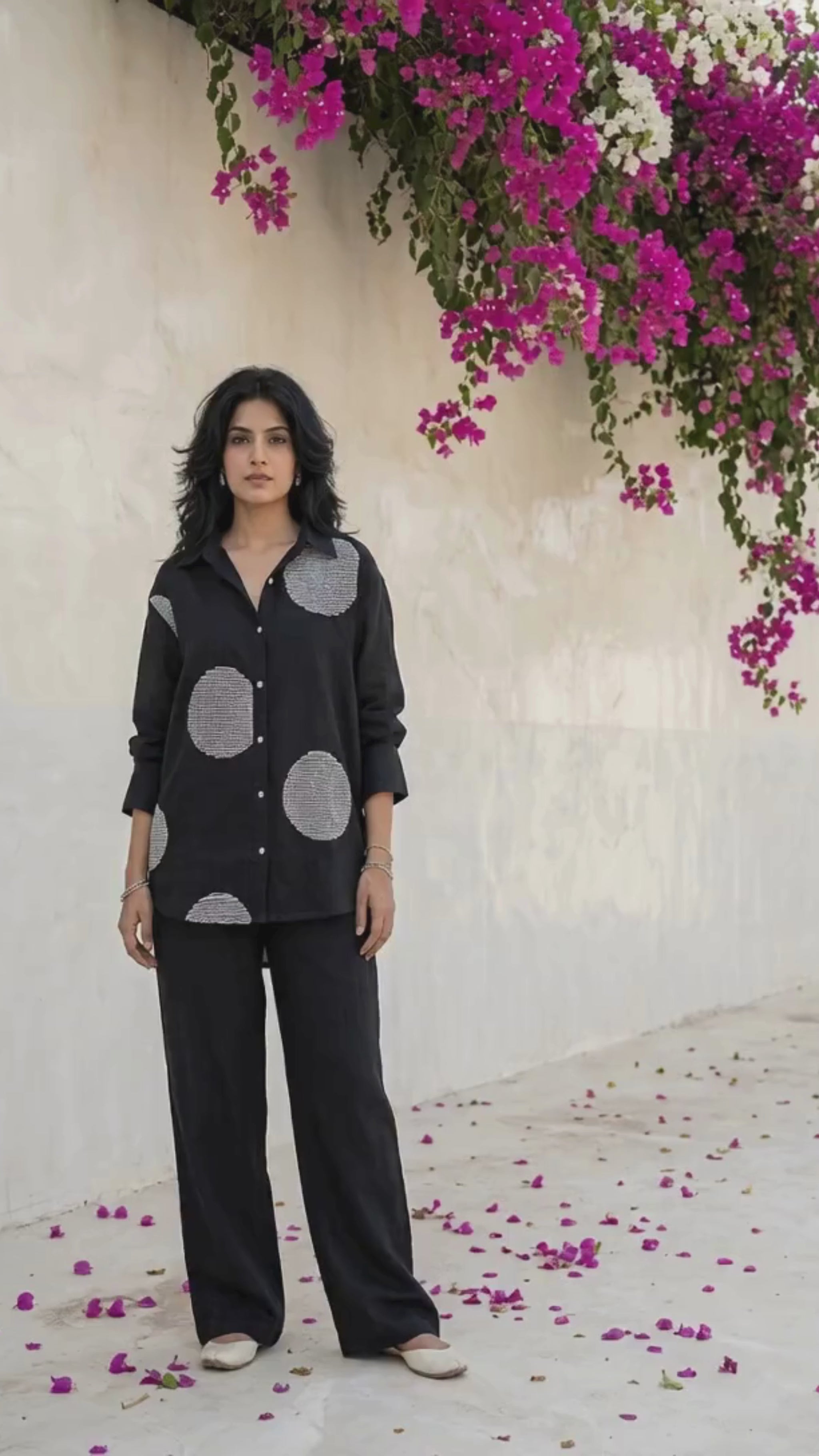Women's pure cotton co-ord set featuring oversized motif detailing, button-front shirt and relaxed fit pants by Fabculture