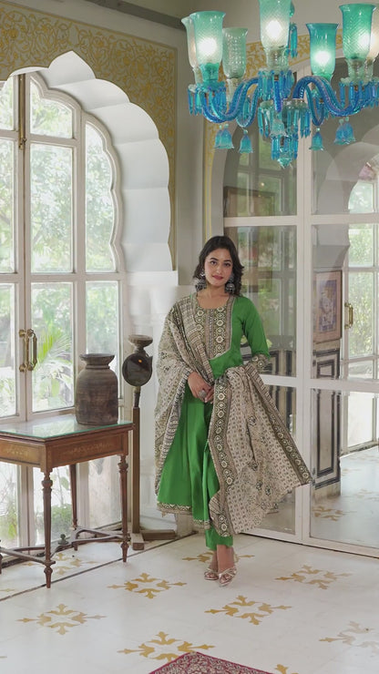 Green A-line Cotton Suit Set