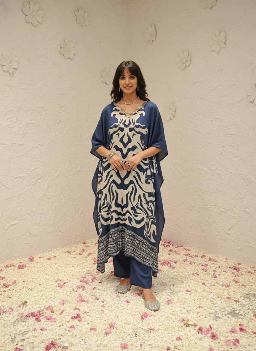 Marbel Muslin Kaftan Set - Navy Blue