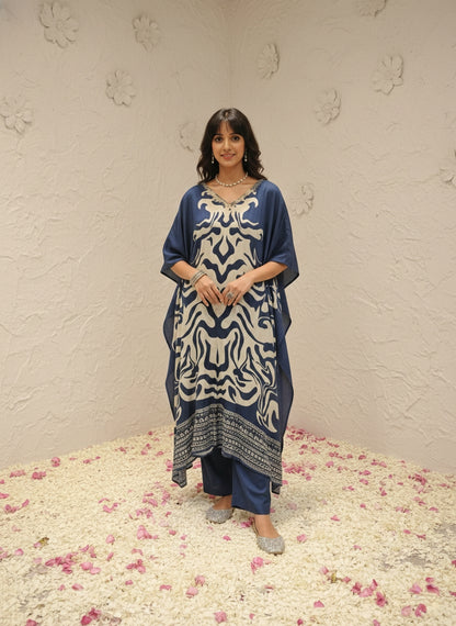 Marbel Muslin Kaftan Set - Navy Blue