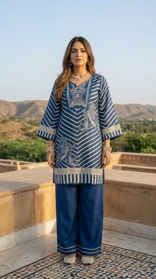 Muslin Striped Co-ord Set - Navy Blue