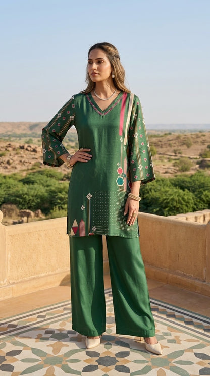Green printed Muslin co-ord set with Pakistani-style flared sleeves and wide-leg pants