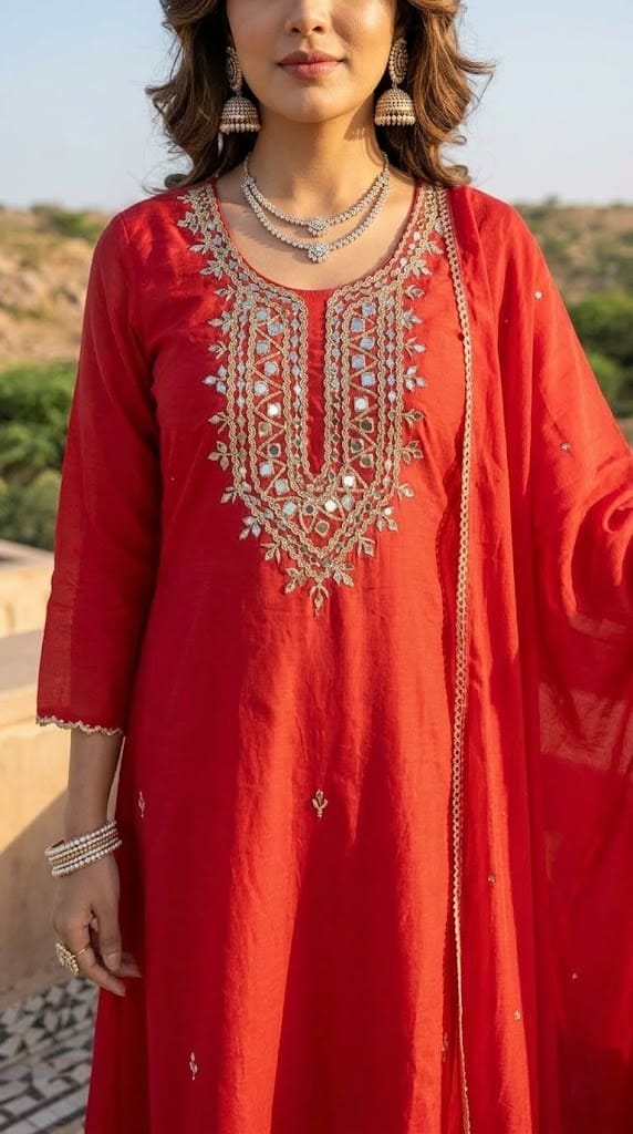 Banarasi Mul Chanderi 3-piece suit set with mirror work A-line kurta, pants and dupatta