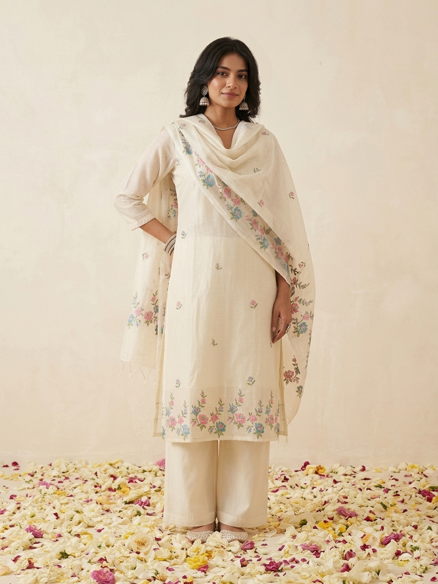 Kota Doria Straight Embroidered Suit - Off White