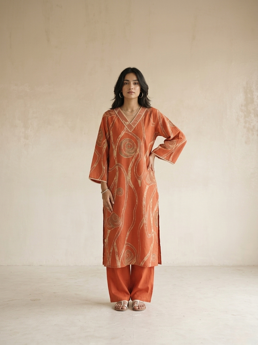 Rust  cotton kurta set with abstract print