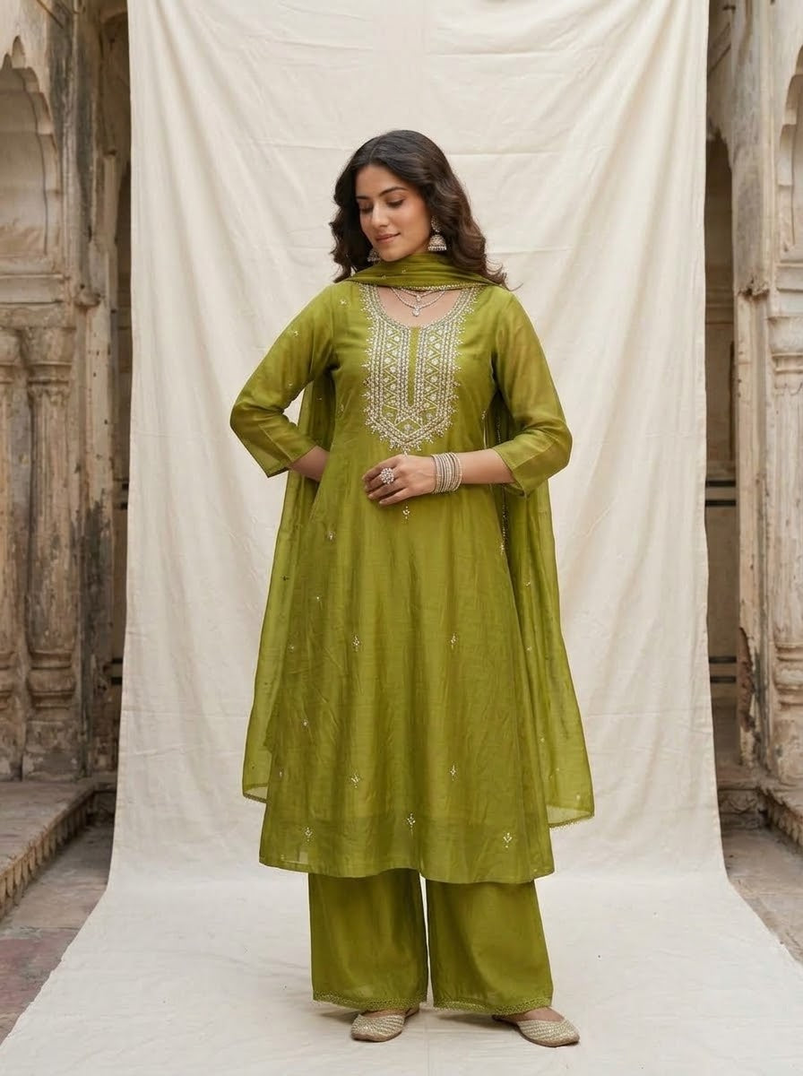 Banarasi Mul Chanderi 3-piece suit set with mirror work A-line kurta, pants and dupatta