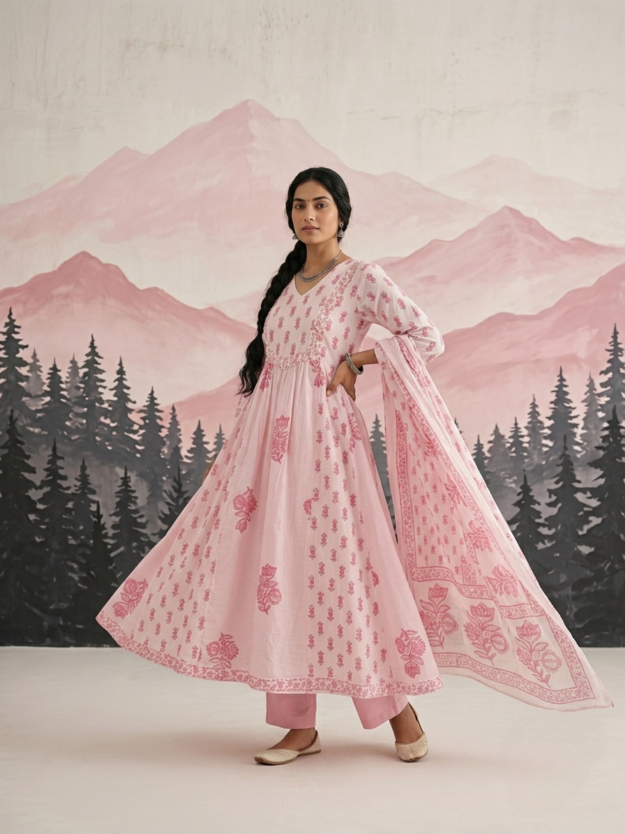 Pink cotton Aline suit set for everyday wear available in size M L XL 2XL 3XL 