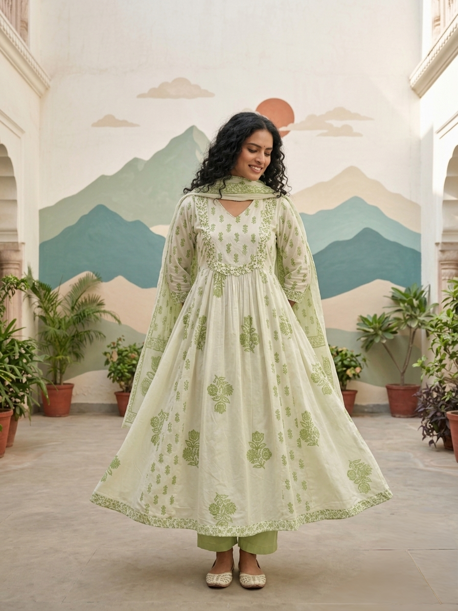 Green cotton Aline suit set for everyday wear available in size M L XL 2XL 3XL 