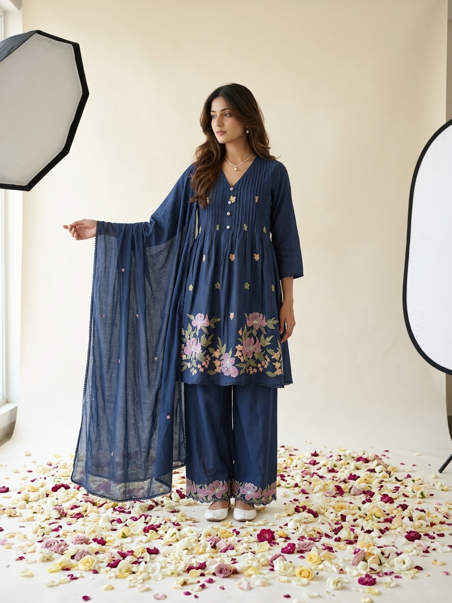 Floral embroidered kurta set with pants and dupatta in mustard, pink and navy blue