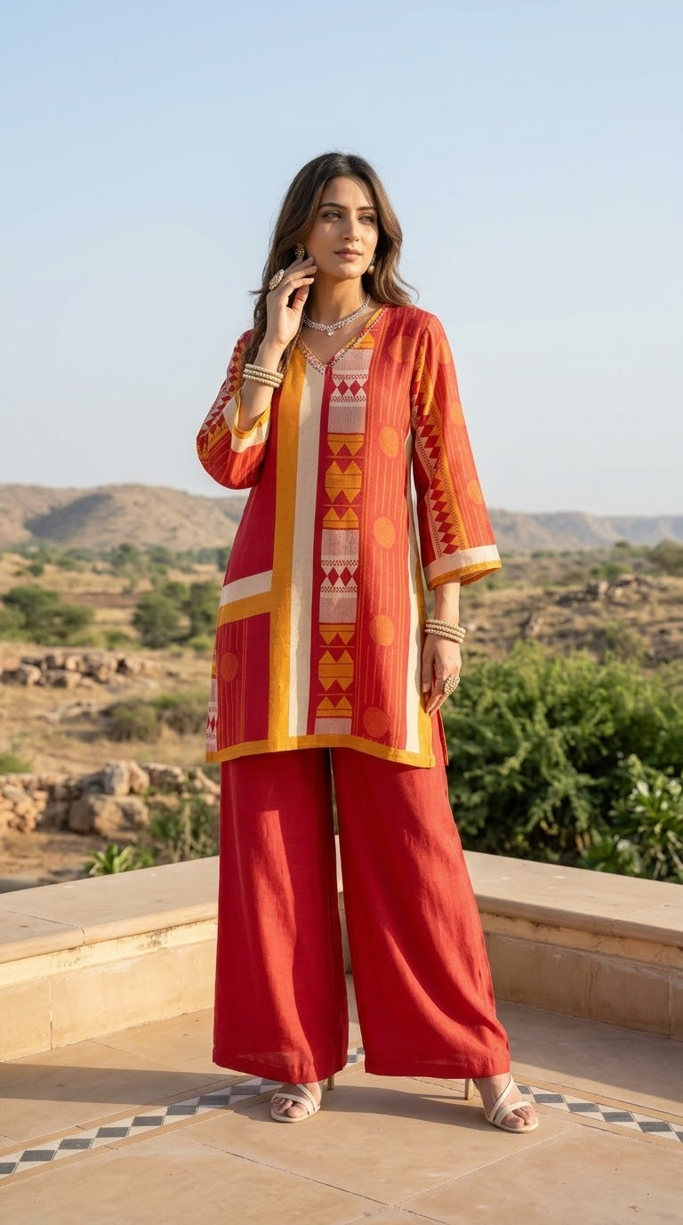 Orange and Red printed Muslin co-ord set with Pakistani-style sleeves and matching wide-leg pants