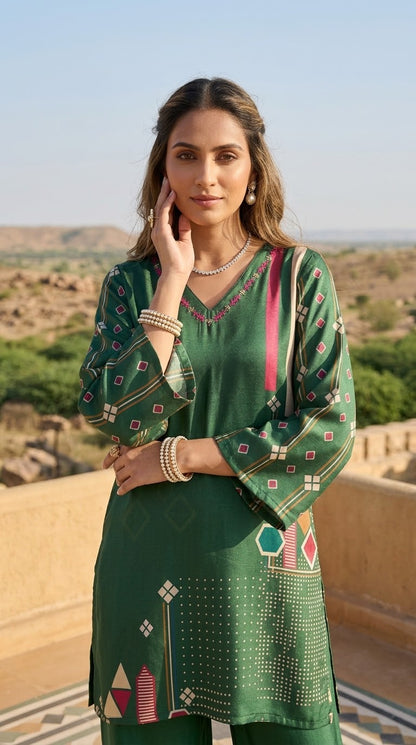 Green printed Muslin co-ord set with Pakistani-style flared sleeves and wide-leg pants