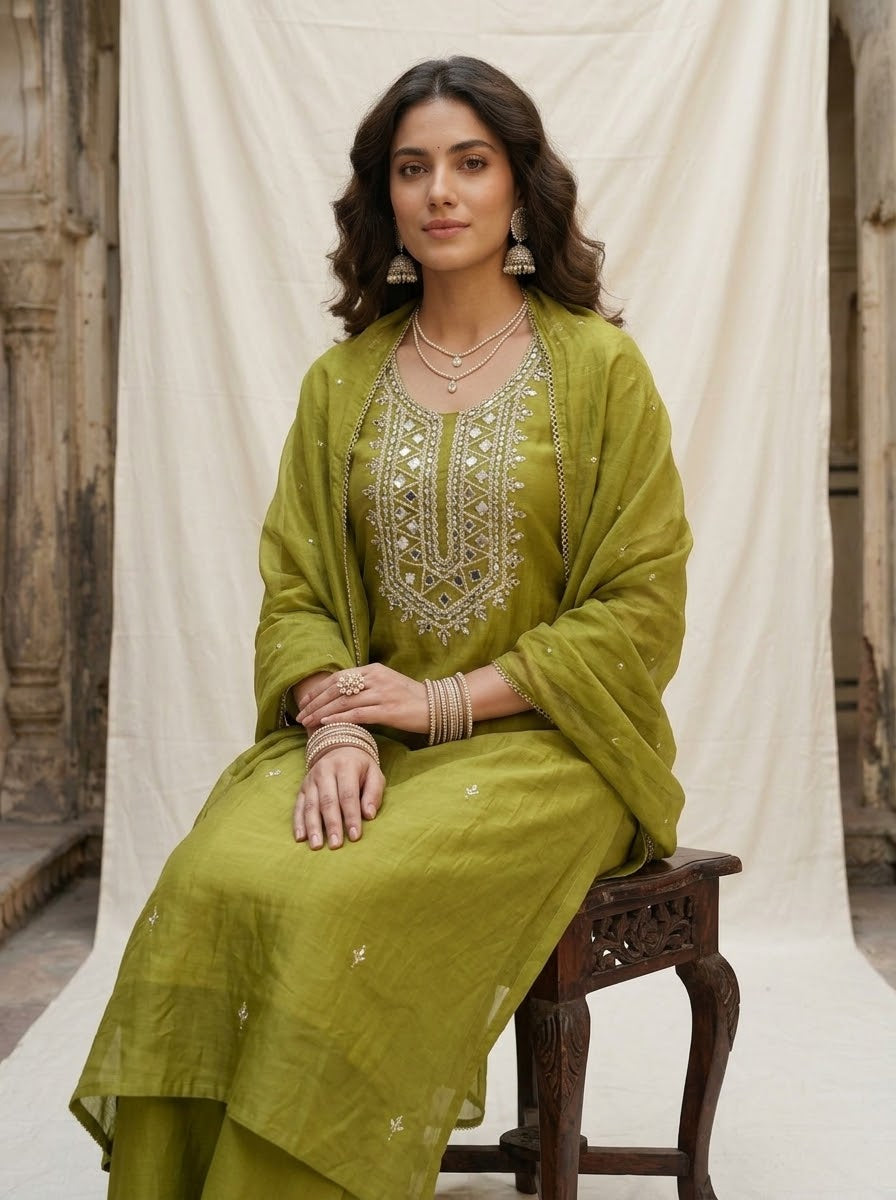 Mirror Work Mul Chanderi Kurta Set - Green