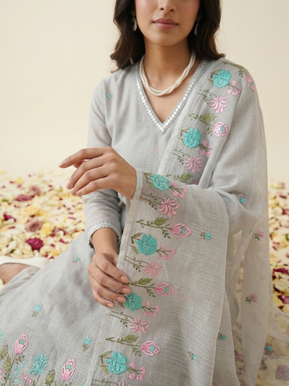 Blue Kota Doria kurta set with floral embroidery and matching dupatta
