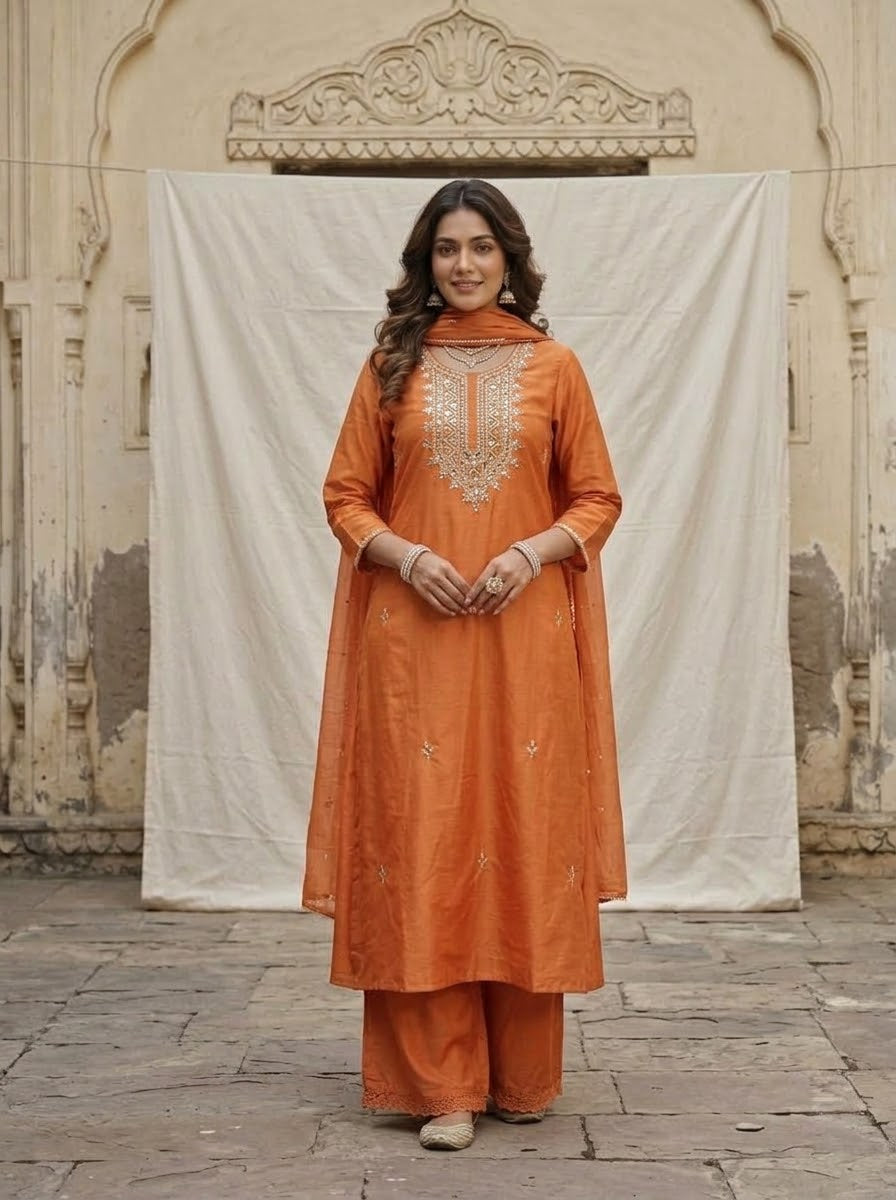 Banarasi Mul Chanderi 3-piece suit set with mirror work A-line kurta, pants and dupatta