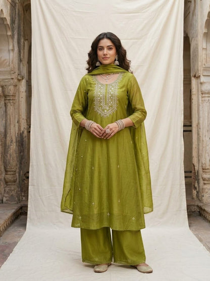 Banarasi Mul Chanderi 3-piece suit set with mirror work A-line kurta, pants and dupatta