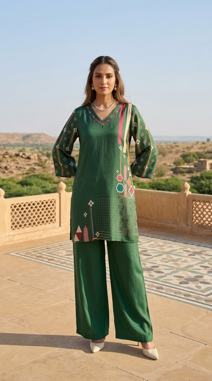Green printed Muslin co-ord set with Pakistani-style flared sleeves and wide-leg pants