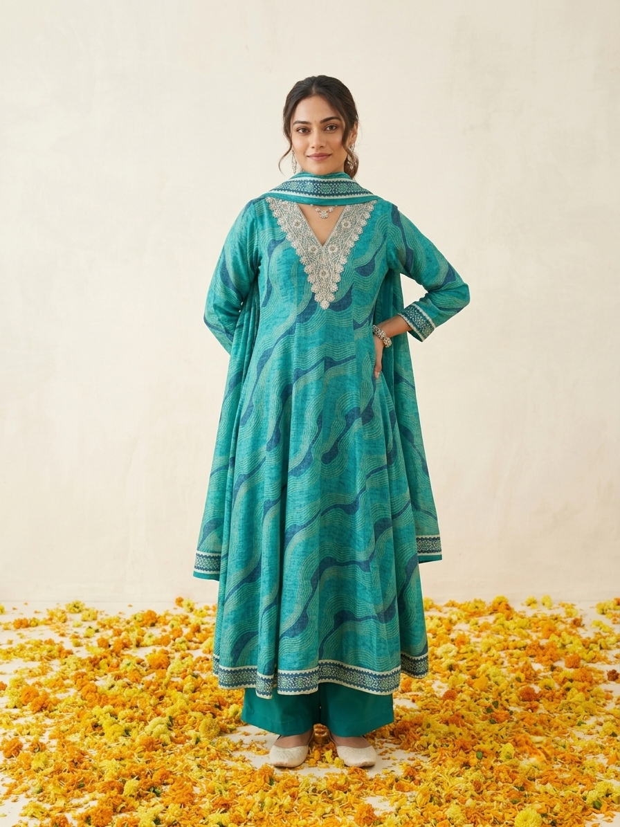 muslin Leheriya anarkali suit which is blue in color