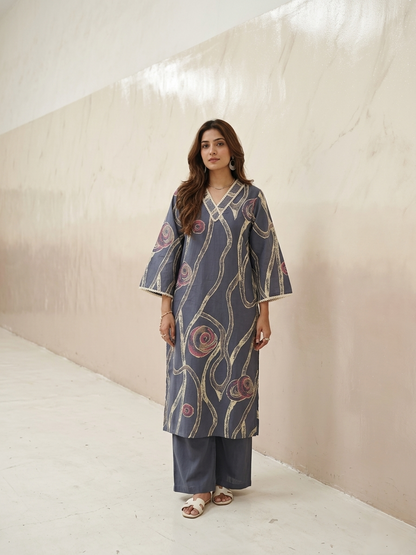 Purple cotton kurta set with abstract print