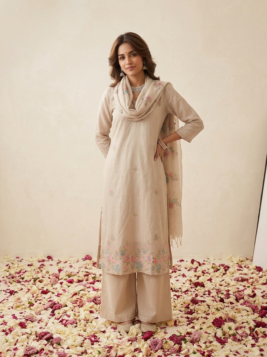 Kota Doria Straight Embroidered Suit - Blush Pink