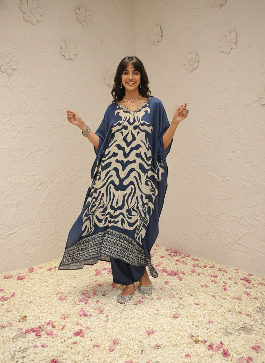 Marbel Muslin Kaftan Set - Navy Blue