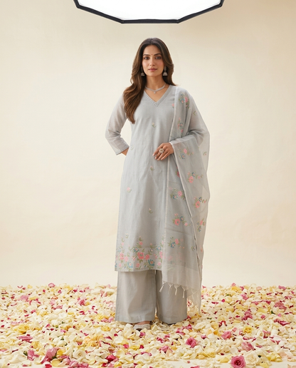 Kota Doria Straight Embroidered Suit - Powder Blue