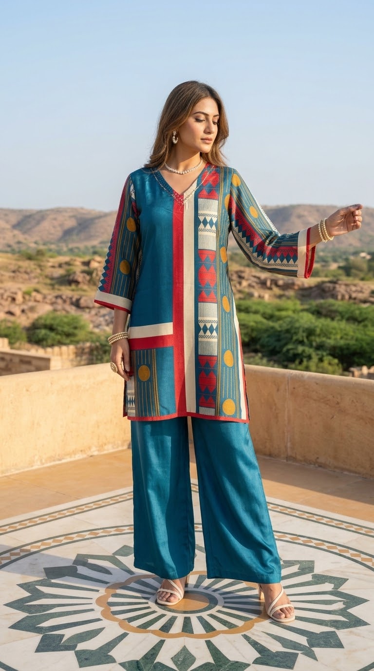 Blue printed Muslin co-ord set with Pakistani-style sleeves and matching wide-leg pants