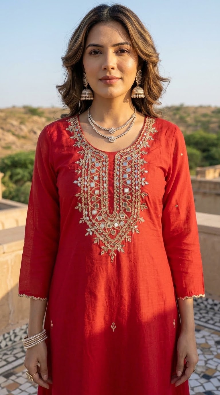 Banarasi Mul Chanderi 3-piece suit set with mirror work A-line kurta, pants and dupatta