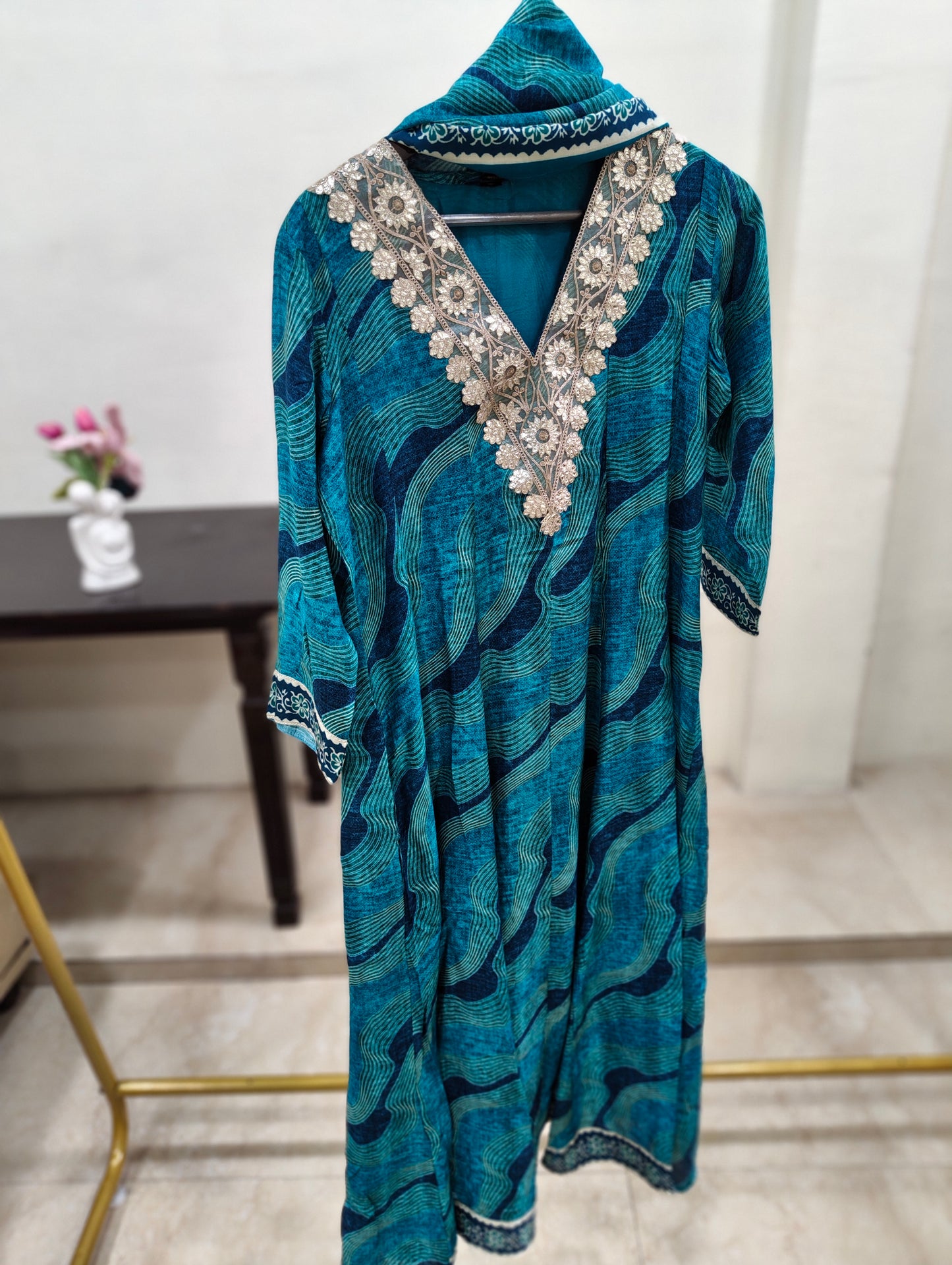 Pure Muslin Leheriya Anarkali Kurta Set - Blue