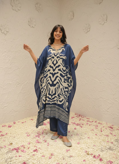 Marbel Muslin Kaftan Set - Navy Blue
