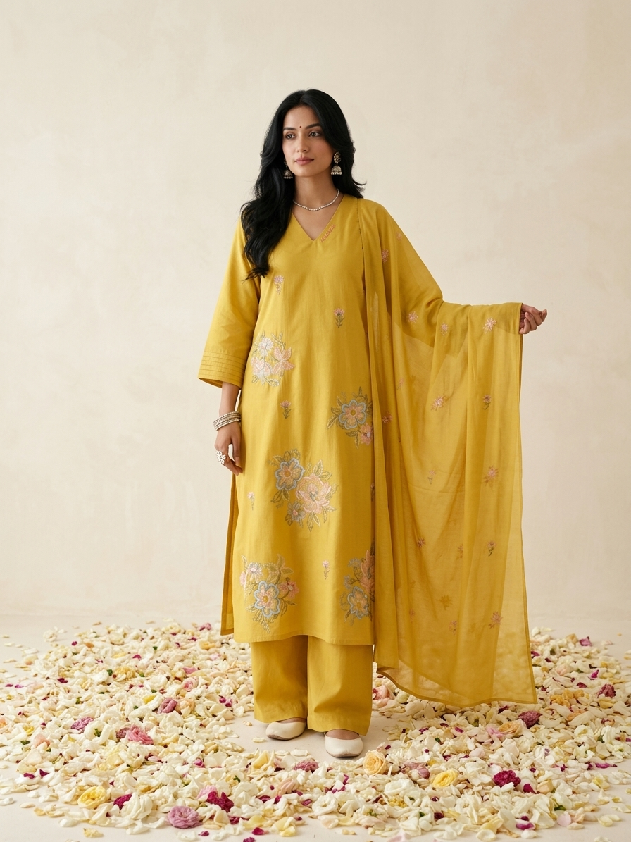 Women's pure cotton embroidered suit set with floral embroidery, cotton mulmul dupatta and matching cotton pants by Fabculture