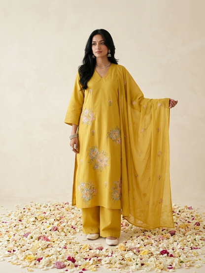 Women's pure cotton embroidered suit set with floral embroidery, cotton mulmul dupatta and matching cotton pants by Fabculture