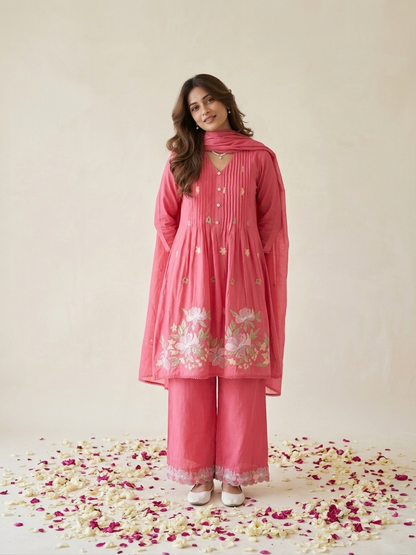 Floral embroidered kurta set with pants and dupatta in mustard, pink and navy blue