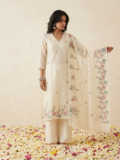 Kota Doria Straight Embroidered Suit - Off White