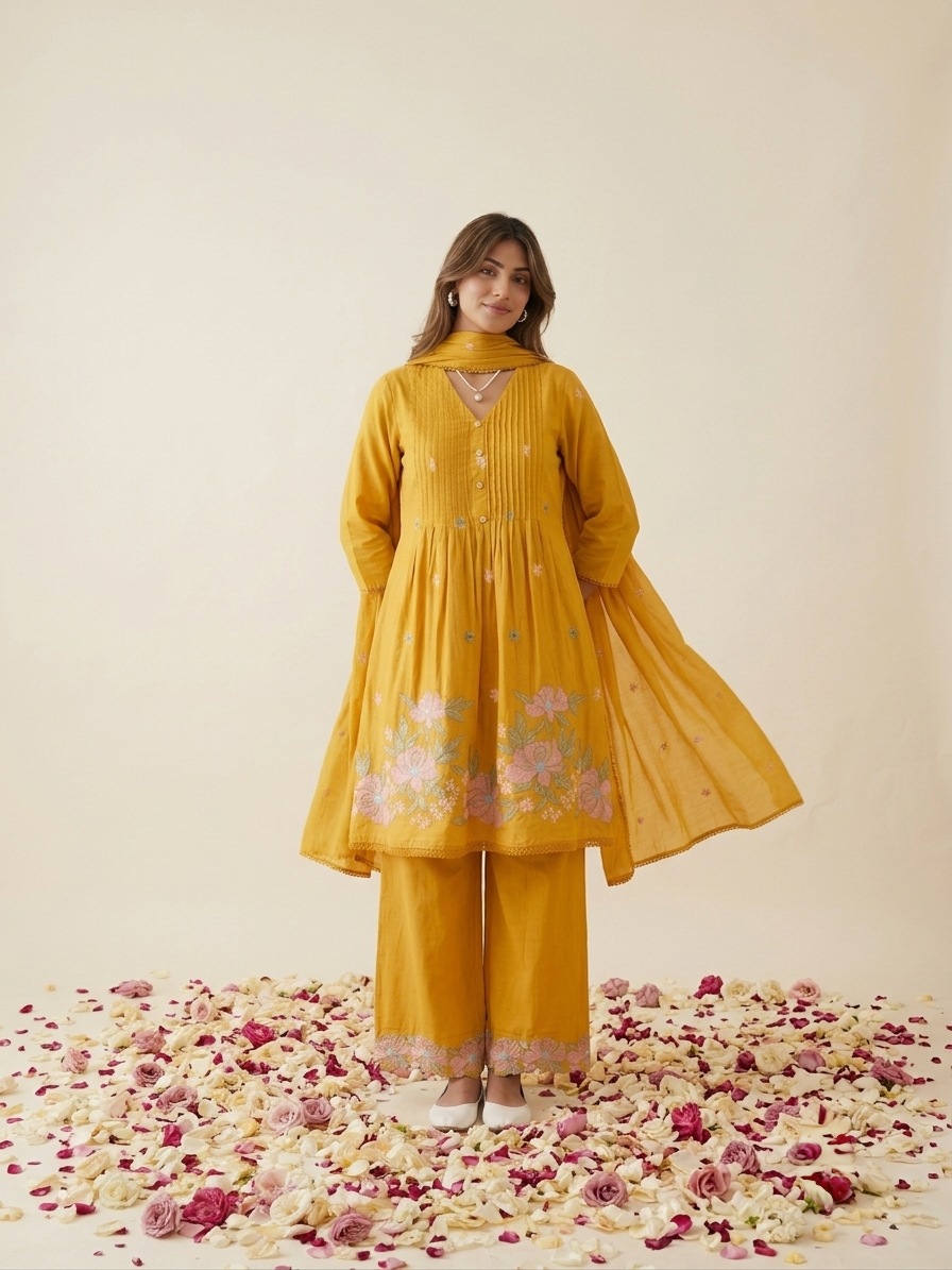 Floral embroidered kurta set with pants and dupatta in mustard, pink and navy blue