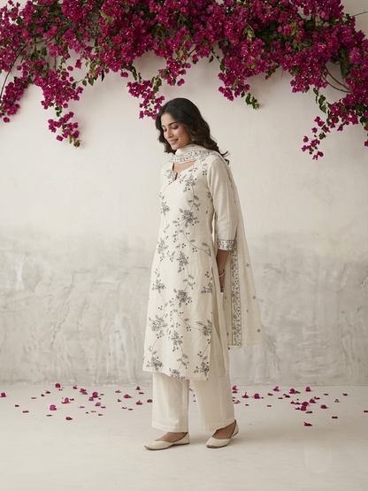 White cotton floral Petal printed kurta set which includes kurta, dupatta and pants 