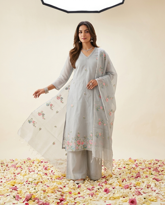Powder Blue Kota doria straight suit with embroidery 