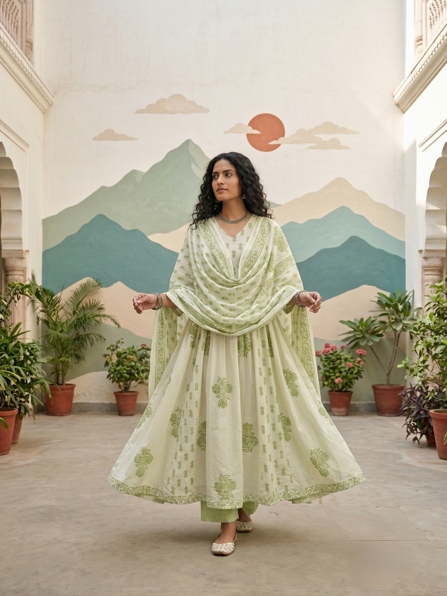 Green cotton Aline suit set for everyday wear available in size M L XL 2XL 3XL 