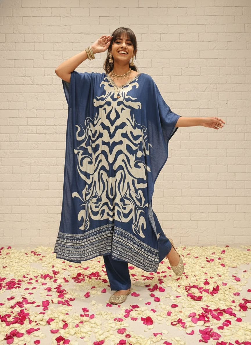 Marbel Muslin Kaftan Set - Navy Blue
